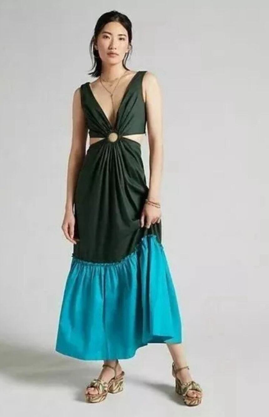 EUC Anthropologie Geisha Designs Flounced Cut-Out Maxi Dress Size 8